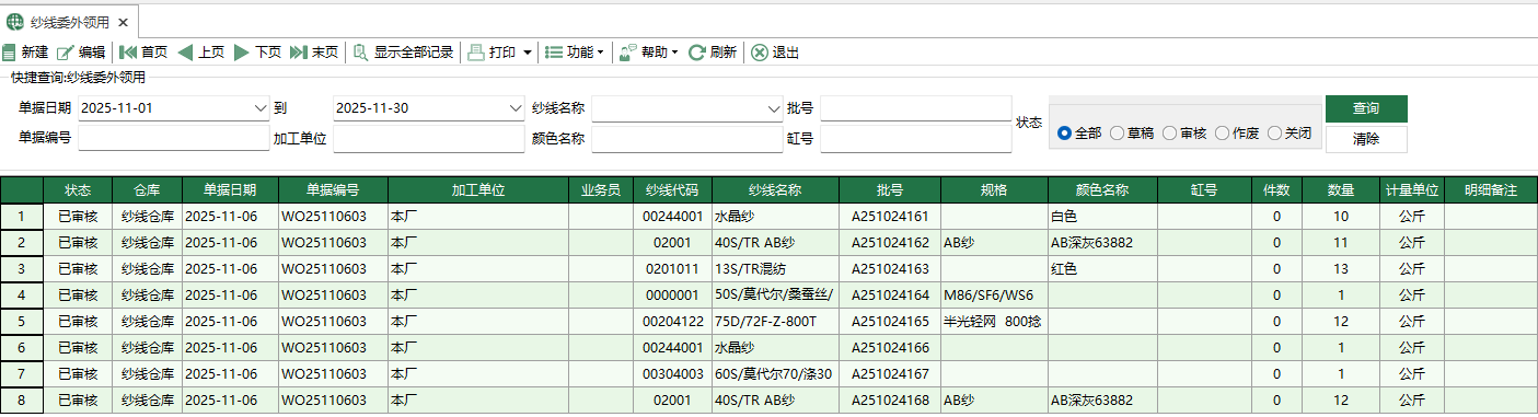 图1 纱线委外领用