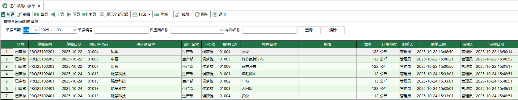 图1 坯布采购申请单
