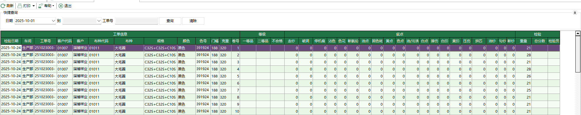 图1 四分制面料检验单