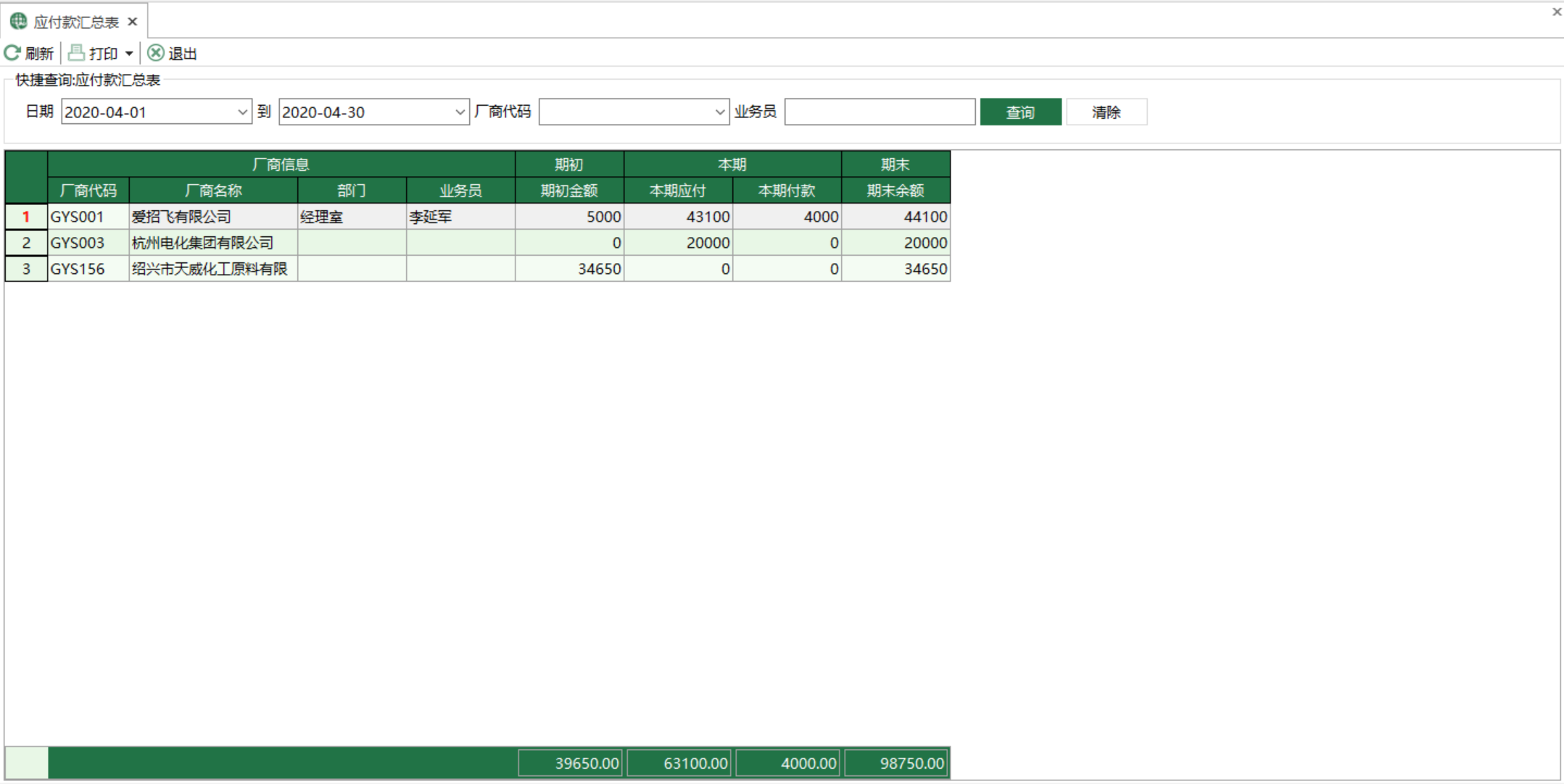 图1 应付款汇总表 模块界面