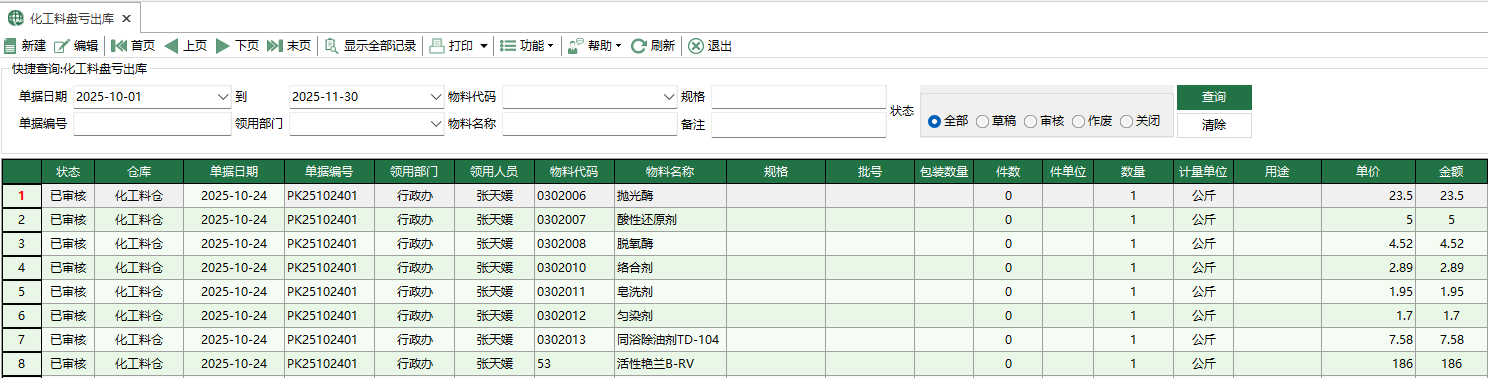 图1 化工料盘亏出库