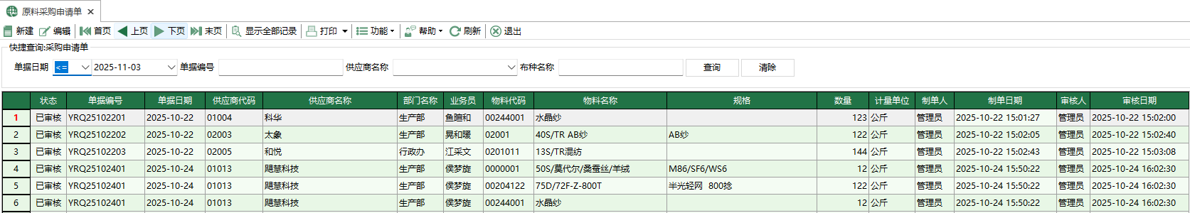 图1 原料采购申请单