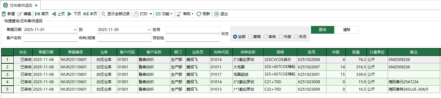 图1 坯布客供退回