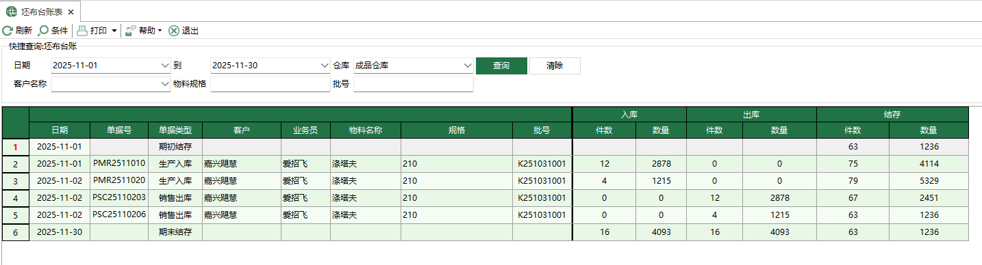 图1 坯布台账表