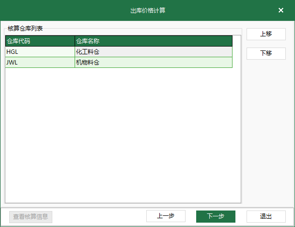 图2 出库价格核算 仓库列表
