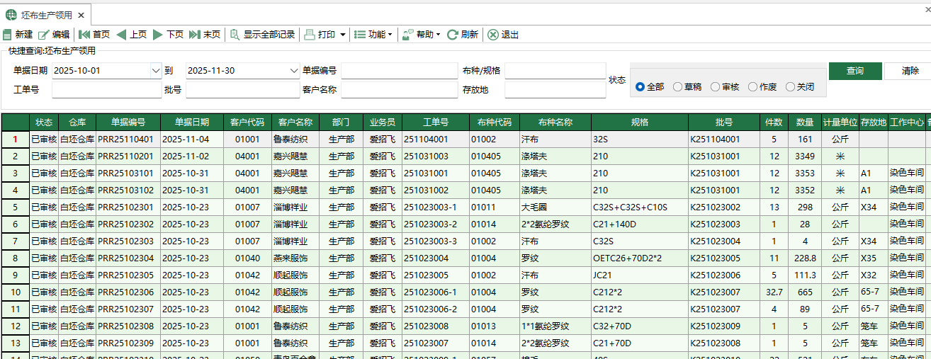 图1 坯布生产领用