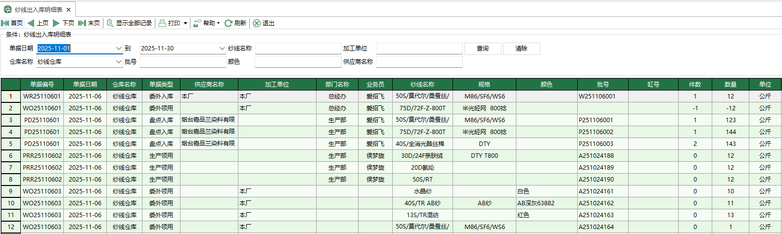 图1 纱线出入库明细表
