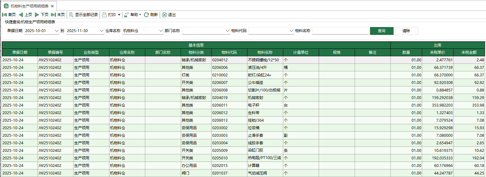 图1 机物料生产领用明细表