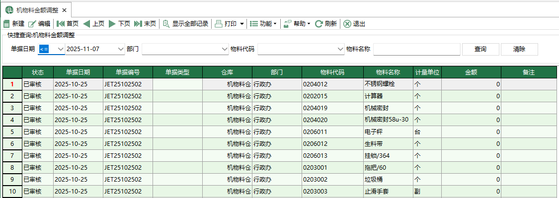 图1 机物料金额调整