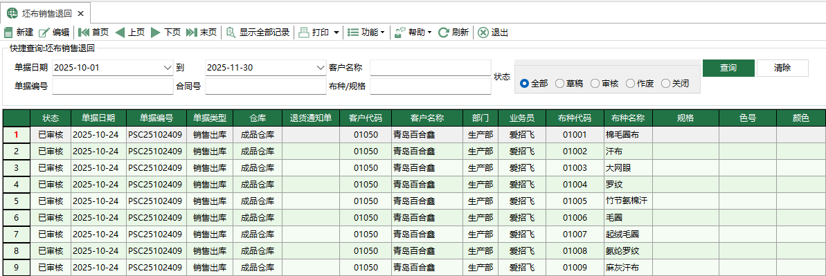 图1 坯布销售退回